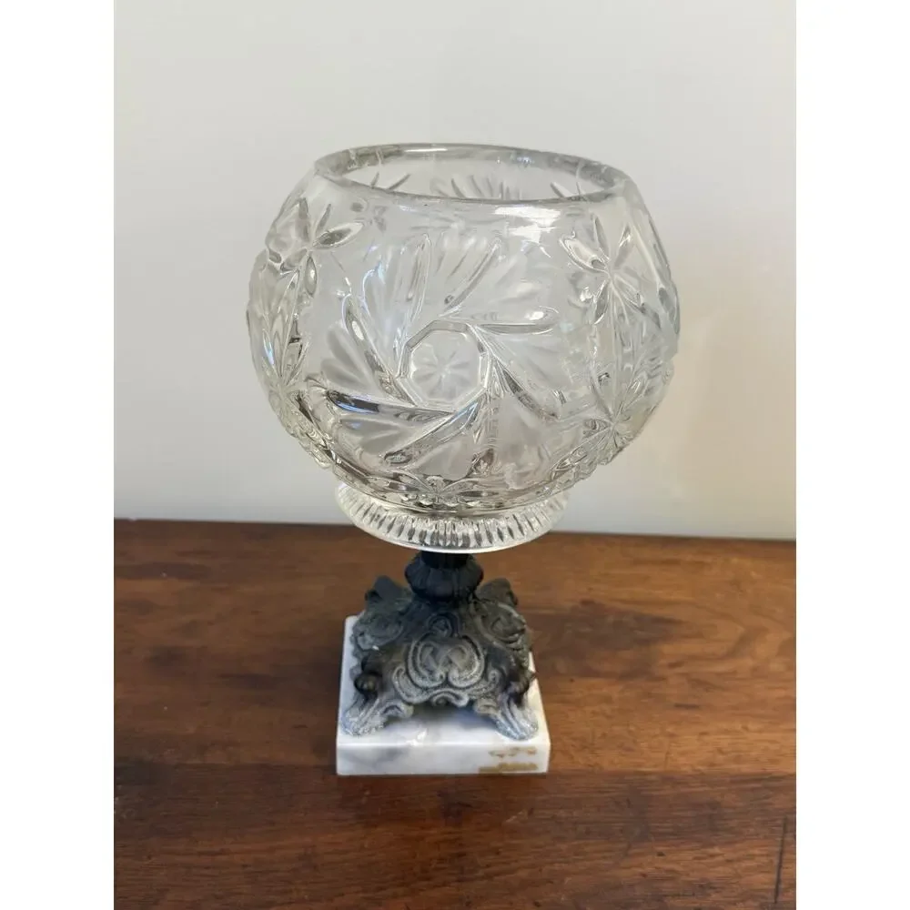 Vintage Hollywood Regency Glass Rose Bowl Compote Marble Pedestal 11
